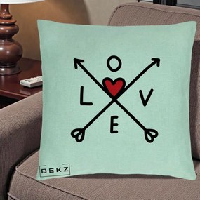Perna Decorativa Love cu Sageti Incrucisate si Inima Rosie, 40x40 cm, Verde Menta, Husa Detasabila, Perna Inclusa, BEKZ®