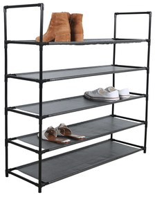 Cutie pentru pantofi, 5 rânduri, metalică, neagră, cu rafturi din ţesătură, MADILO