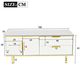 Măsuță de cafea modernă cu sertare, design cu dungi, blat din marmură falsă și detalii din metal auriu, 100x50x43 cm, albă