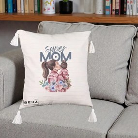 Cadou pentru Mama - Perna Personalizata Super Mom Mama cu Bebelusul, 40x40 cm, Bej cu Franjuri, Husa Detasabila, Perna Inclusa, BEKZ®
