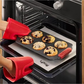 Forma de copt briose Lekue 1009478, 6 briose, 31x18x3,7 cm, Strat antiaderent ceramic, Otel carbon, +4°C / +240°C, Negru/Rosu