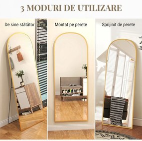 HOMCOM Oglindă Modernă de Podea și Perete din Aliaj de Aluminiu cu Suport Pliabil, 59 x 161,5 cm, Auriu | Aosom Romania