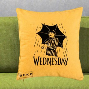 Perna Personalizata Wednesday cu Umbrela Ploaie Lineart, 40x40 cm, Galben, Husa Detasabila, Perna Inclusa, BEKZ®