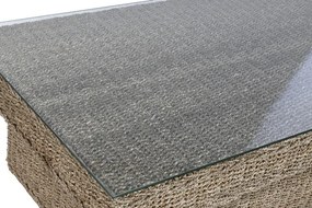 Set lounge exterior din fibre naturale împletite și structura din lemn de tec cu 2 canapele, măsuță de cafea și perne, „Borneo”