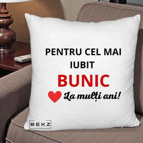 Cadou pentru Bunic - Perna Personalizata Pentru Cel Mai Iubit Bunic La Multi Ani Rosu, 40x40 cm, Alb Pufos, Husa Detasabila, Perna Inclusa, BEKZ®
