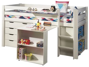 Pat înalt copii PINO cu birou, bibliotecă și comodă – alb, pin masiv – 90x200 cm – Vipack