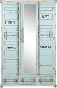 Dulap înalt industrial din metal, turcoaz, cu 2 uși din tablă ondulată, oglindă, 3 sertare, 4 rafturi și bară pentru haine, 174 x 112 x 46 cm, „Cargo”