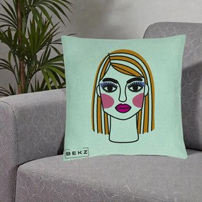 Perna Decorativa Portret Pop Art Fata, 40x40 cm, Verde Menta, Husa Detasabila, Perna Inclusa, BEKZ®