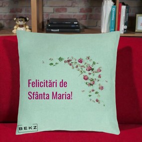 Cadou de Onomastica - Perna Personalizata Felicitari de Sfanta Maria, 40x40 cm, Verde Menta, Husa Detasabila, Perna Inclusa, BEKZ®