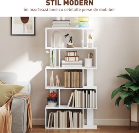 HOMCOM Bibliotecă Asimetrică în Formă de S cu 5 Niveluri și 10 Rafturi Deschise, 80x24x159 cm, Alb | Aosom Romania