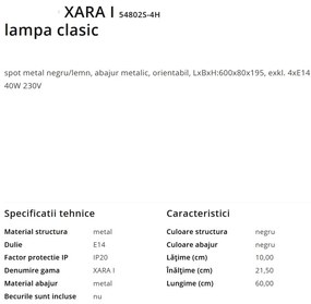 Plafoniera moderna cu 4 spoturi XARA I negru/lemn