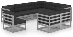 3076856 vidaXL Set mobilier grădină cu perne, 9 piese, gri, lemn masiv de pin