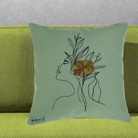 Perna Decorativa Portret Feminin Floare Portocalie Lateral, 40x40 cm, Verde, Husa Detasabila, Perna Inclusa, BEKZ®