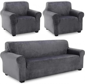 Set Huse Elastice din Catifea pentru Canapea 3 Locuri + 2 Fotolii, cu Brate, Gri, HCCJS-02