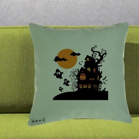 Perna Decorativa Halloween Casa Bantuita cu Fantome, 40x40 cm, Verde, Husa Detasabila, Perna Inclusa, BEKZ®