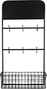 Etajeră cu cuier de perete, din metal, negru, cu 6 agățători și coș din sârmă, 75 x 39 x 12 cm, „Virelle”