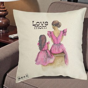 Cadou pentru Mama - Perna Personalizata Love Mom Rochii Roz, 40x40 cm, Ecru, Husa Detasabila, Perna Inclusa, BEKZ®