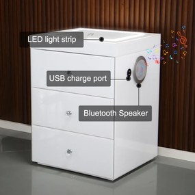Noptieră inteligentă multifuncțională, din sticla tip oglindă, 3 sertare, LED-uri tactile, 3 tipuri de culoare, încărcare fără fir si USB, Difuzor Bluetooth, sticla securizata, 40x40x60 cm, Alb