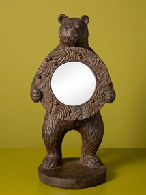 Oglindă de masă din rășină, maro, urs în picioare ținând o oglindă rotundă, ramă cu frunze în relief, finisaj antichizat, 37 x 17 x 16,5 cm, „Brienz”