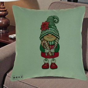 Perna Decorativa Gnom Craciun Verde cu Bomboane si Floare, 40x40 cm, Verde, Husa Detasabila, Perna Inclusa, BEKZ®