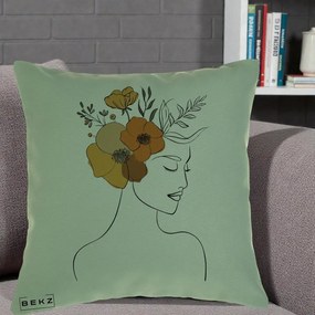 Perna Decorativa Portret Feminin Flori Galbene-Portocalii, 40x40 cm, Verde, Husa Detasabila, Perna Inclusa, BEKZ®