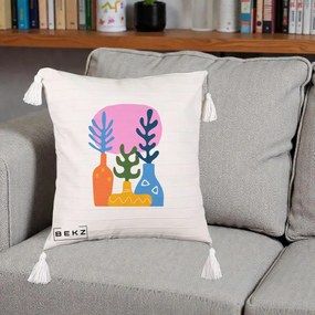 Perna Decorativa Vaze Botanice Abstract, 40x40 cm, Bej cu Franjuri, Husa Detasabila, Perna Inclusa, BEKZ®