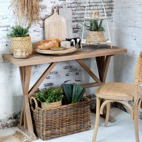 Masă dining îngustă din lemn reciclat, natur, 2–4 locuri, cu bază în formă de capră, 77 x 117 x 46 cm, „Old French”