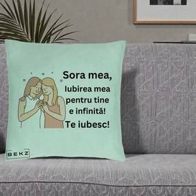 Cadou pentru Sora - Perna Personalizata Sora Mea Te Iubesc Imbratisare cu Sclipiri, 40x40 cm, Verde Menta, Husa Detasabila, Perna Inclusa, BEKZ®