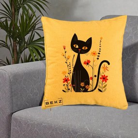Perna Decorativa Pisica Neagra Ochi Galbeni Flori, 40x40 cm, Galben, Husa Detasabila, Perna Inclusa, BEKZ®