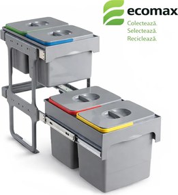 Cos gunoi incorporabil Ecomax Tandem Short 40, colectare selectiva, gri, 2 x 15 l + 2 x 12 l Polipropilena Metal, 400 mm, L:355 mm; A:485 mm; H:604