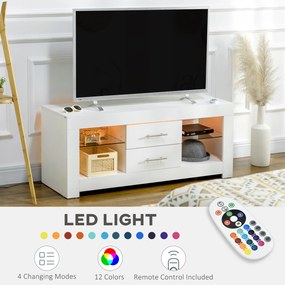 Comoda TV de 55" cu lumini LED in 12 culori si telecomanda, mobilier pentru camera de zi din lemn cu etajere din sticla 120x40x50cm, alb | AOSOM RO