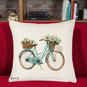 Perna Decorativa Bicicleta Teal cu Cosuri Duble de Flori Vintage, 40x40 cm, Crem Reliefat, Husa Detasabila, Perna Inclusa, BEKZ®