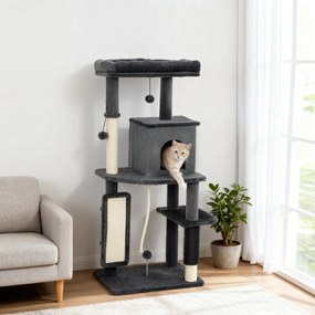 PawHut Ansamblu Multinivel pentru Pisici, 132 cm, cu Căsuță, Culcuș, Stâlpi de Zgâriat, Perie și Minge, Gri Închis | Aosom Romania