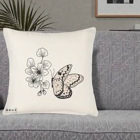 Perna Decorativa Fluture si Flori Linie Monocroma, 40x40 cm, Crem Reliefat, Husa Detasabila, Perna Inclusa, BEKZ®