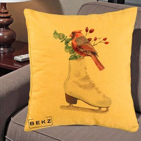 Perna Decorativa Cardinal Rosu pe Patina de Gheata, 40x40 cm, Galben, Husa Detasabila, Perna Inclusa, BEKZ®