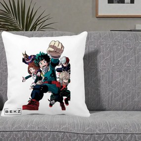 Perna Personalizata My Hero Academia Izuku Deku si Echipa, 40x40 cm, Alba Mata, Husa Detasabila, Perna Inclusa, BEKZ®