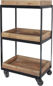 Etajeră pe roți din lemn reciclat și metal, natur și negru, cu 3 rafturi tip tavă, 72 x 39 x 28 cm, „Grimaud”