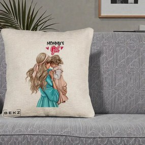 Cadou pentru Mama - Perna Personalizata Mommy's Girl Mama si Fetita, 40x40 cm, Bej Canapea, Husa Detasabila, Perna Inclusa, BEKZ®
