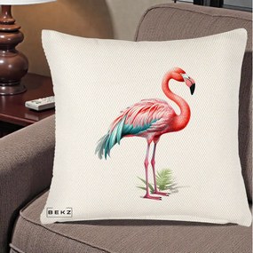 Perna Decorativa Flamingo Roz cu Pene Teal, 40x40 cm, Crem Reliefat, Husa Detasabila, Perna Inclusa, BEKZ®