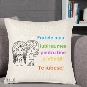 Cadou pentru Frate - Perna Personalizata Fratele Meu Te Iubesc Copii Anime Colorat, 40x40 cm, Crem Reliefat, Husa Detasabila, Perna Inclusa, BEKZ®