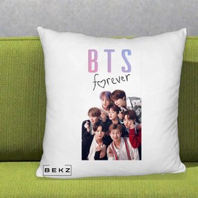 Perna Personalizata K-pop BTS Forever cu Foto Grup Negru, 40x40 cm, Alb Pufos, Husa Detasabila, Perna Inclusa, BEKZ®