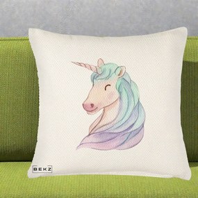 Perna Decorativa Unicorn Acuarela Pastel, 40x40 cm, Crem Reliefat, Husa Detasabila, Perna Inclusa, BEKZ®
