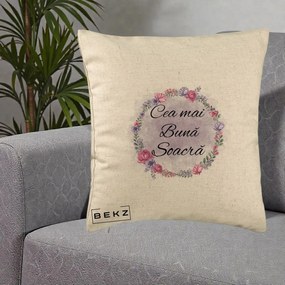 Cadou pentru Soacra - Perna Personalizata Cea mai Buna Soacra cu Coronita Flori Roz si Mov, 40x40 cm, Bej, Husa Detasabila, Perna Inclusa, BEKZ®