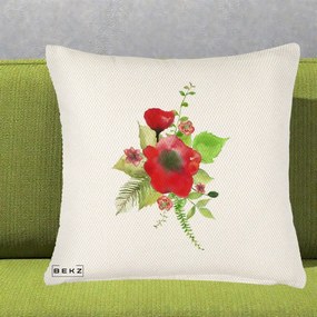 Perna Decorativa Buchet Rosu Acuarela, 40x40 cm, Crem Reliefat, Husa Detasabila, Perna Inclusa, BEKZ®