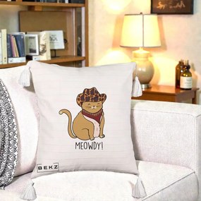 Perna Decorativa Pisica Cowboy Meowdy, 40x40 cm, Bej cu Franjuri, Husa Detasabila, Perna Inclusa, BEKZ®