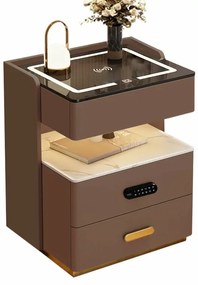 Noptieră inteligentă cu încărcare wireless, iluminare LED, 3 sertare de depozitare, senzor de lumină nocturnă, difuzor Bluetooth și încuietoare biometrică – maro, design modern din sticlă și lemn