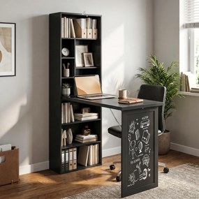 HOMCOM Birou Modern Pliabil cu Bibliotecă și Tablă, din Lemn și Metal, 98x51x153 cm, Negru | Aosom Romania
