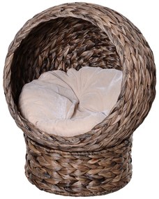 PawHut Coș pentru Pisici din Trestie de Mare cu Pernă, Pat pentru Pisică, Pat pentru Animale de Companie, 50 cm x 42 cm x 60 cm, Maro + Bej | Aosom Romania