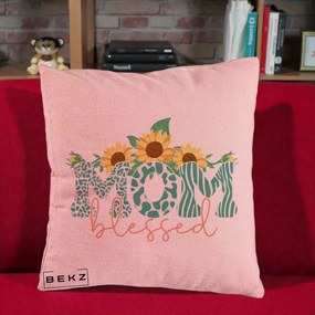 Cadou pentru Mama - Perna Personalizata Mom Blessed cu Floarea Soarelui Animal Print Teal, 40x40 cm, Roz, Husa Detasabila, Perna Inclusa, BEKZ®