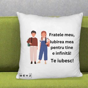 Cadou pentru Frate - Perna Personalizata Fratele Meu Te Iubesc Elevi Ilustratie Colorata, 40x40 cm, Alb Pufos, Husa Detasabila, Perna Inclusa, BEKZ®